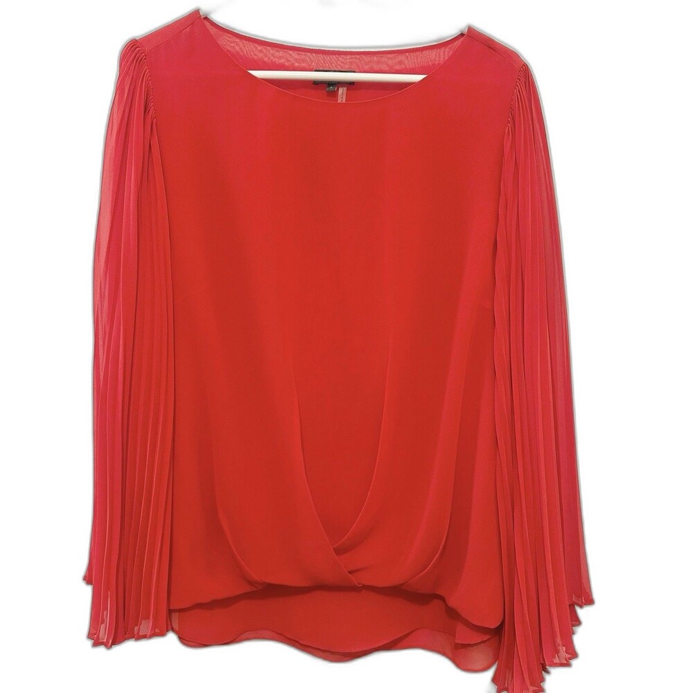 Vince Camuto Red Pleated Bell Sleeve Fold Over Holiday Dressy Glam Chiffon Large